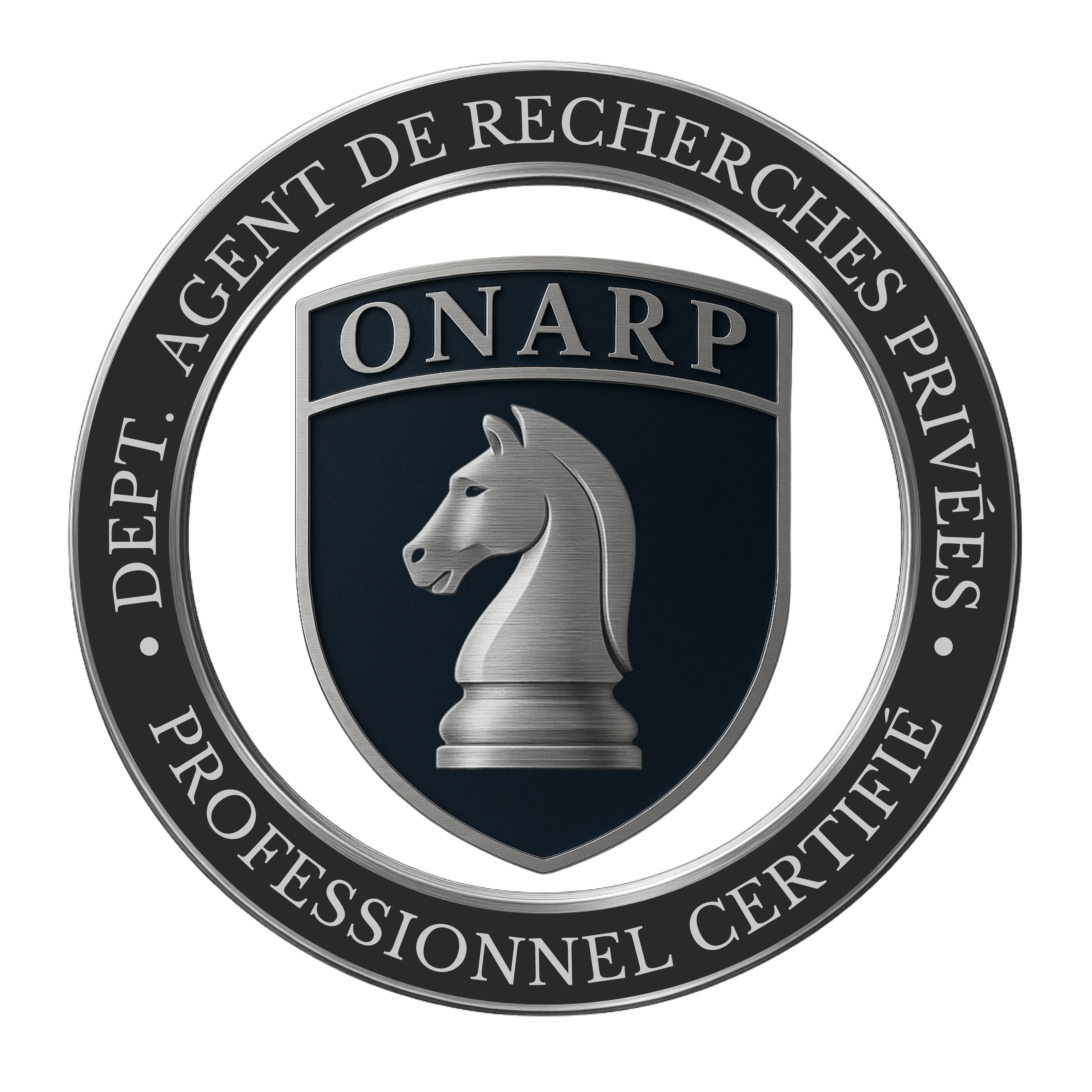 Emblème circulaire de l'Organisation Nationale des Acteurs du Renseignement Privé avec deux pièces d'échecs, cavalier et pion.
