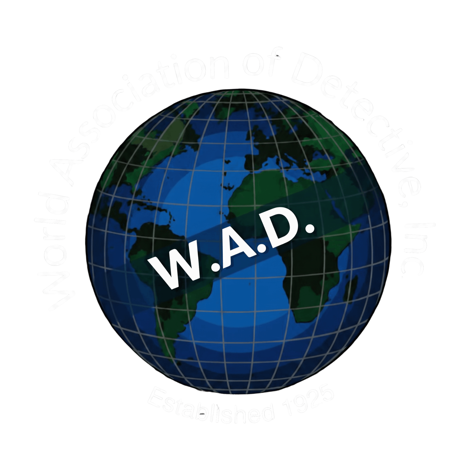Globe terrestre avec texte W.A.D. au centre et inscription World Association of Detectives contournant le globe.
