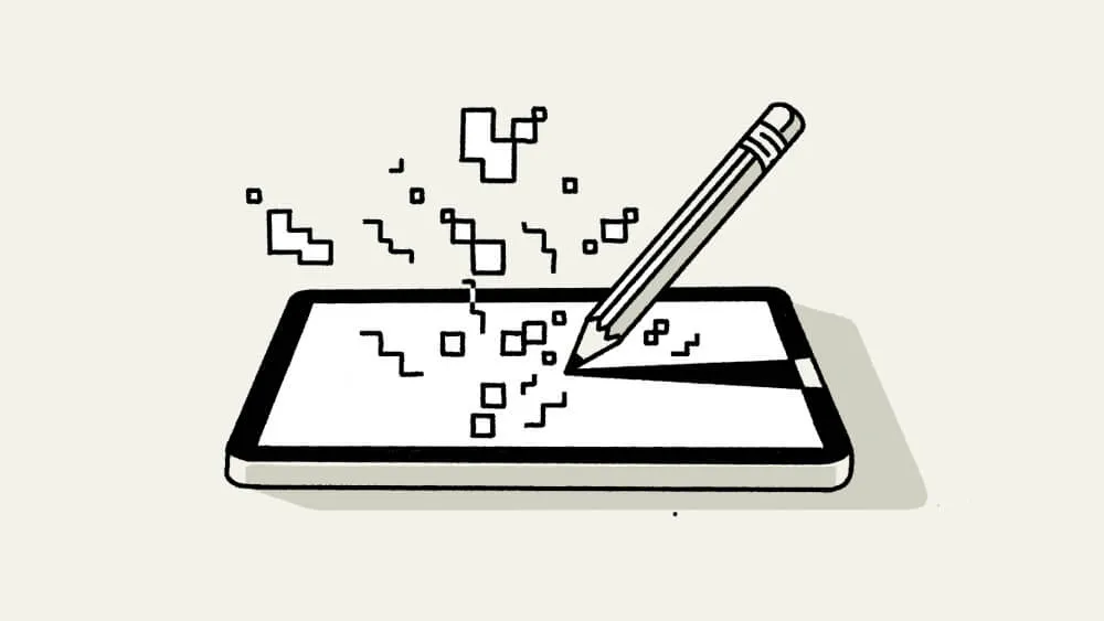 Illustration of a pencil drawing pixelated squares and lines on a digital tablet screen.