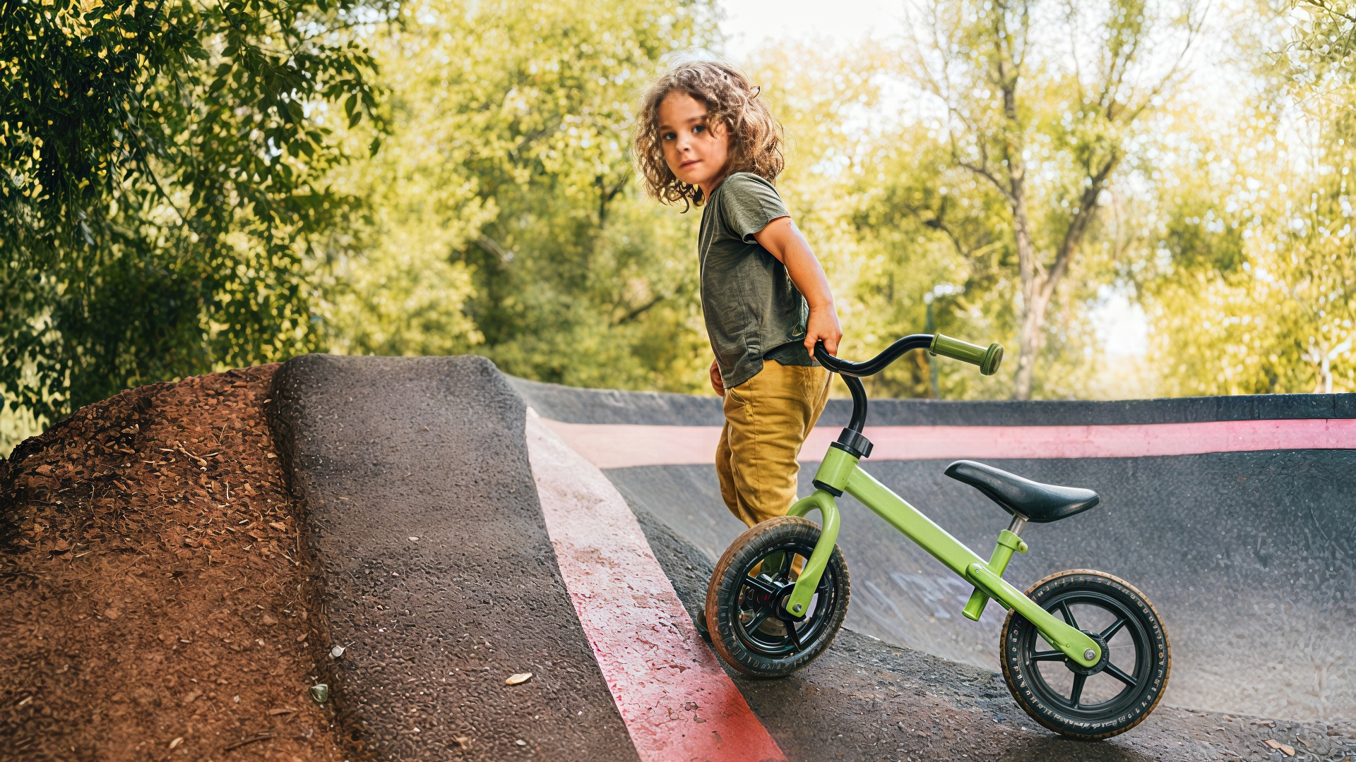 Young child with curly hair holding a green balance bike on a paved ramp at a skate park surrounded by trees.