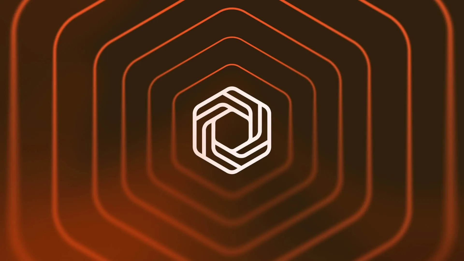 White hexagonal geometric logo centered on a dark background with concentric glowing orange hexagonal outlines.