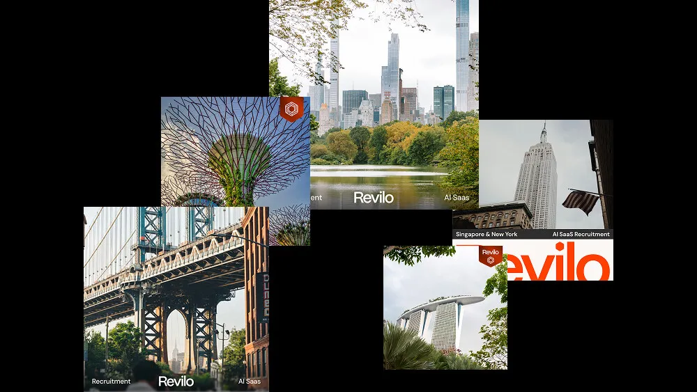 Collage of iconic city landmarks including New York skyline with park pond, Empire State Building with American flag, Manhattan Bridge with cityscape, Singapore’s Marina Bay Sands hotel, and Supertree Grove in Singapore.