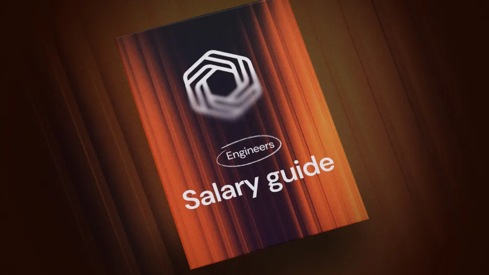 Cover of an engineers salary guide with a geometric logo on a brown gradient background.