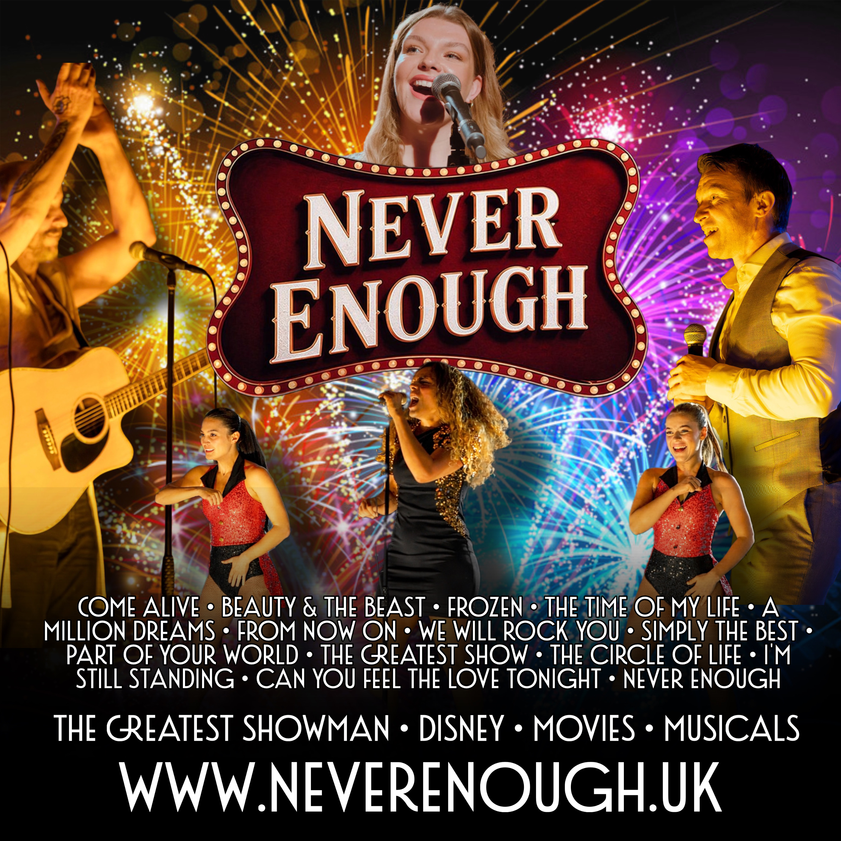 Illustration of a ringmaster in a red jacket holding a baton, with colorful fireworks and silhouettes of Disney-inspired figures and a castle, titled 'A Million Dreams: The Disney & Greatest Showman Songbook.'