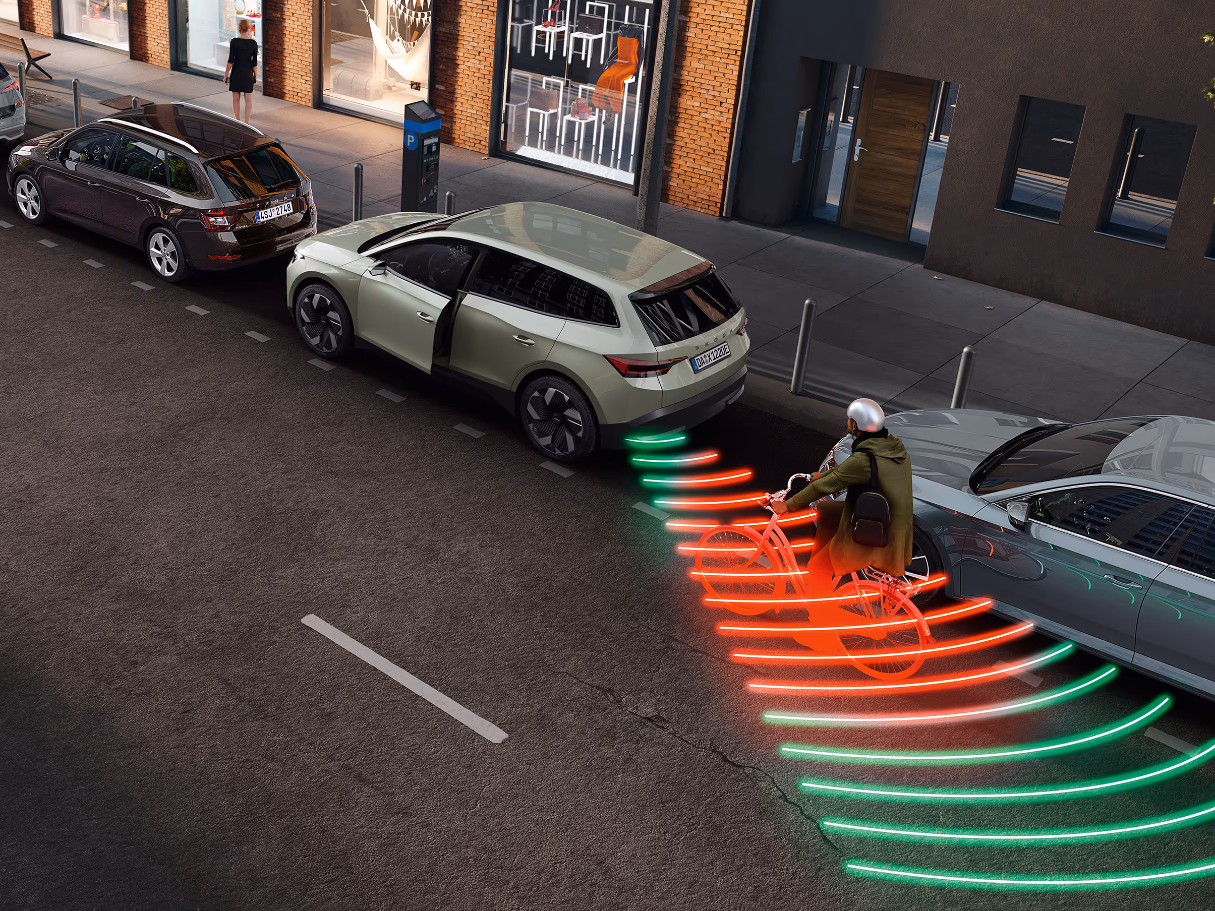 Animation des Ausstiegswarners: Ein Škoda Elroq steht am Straßenrand. Rote Warnsignale werden projiziert, da sich von hinten ein Fahrradfahrer nähert und eine Kollision beim Öffnen der Tür droht.