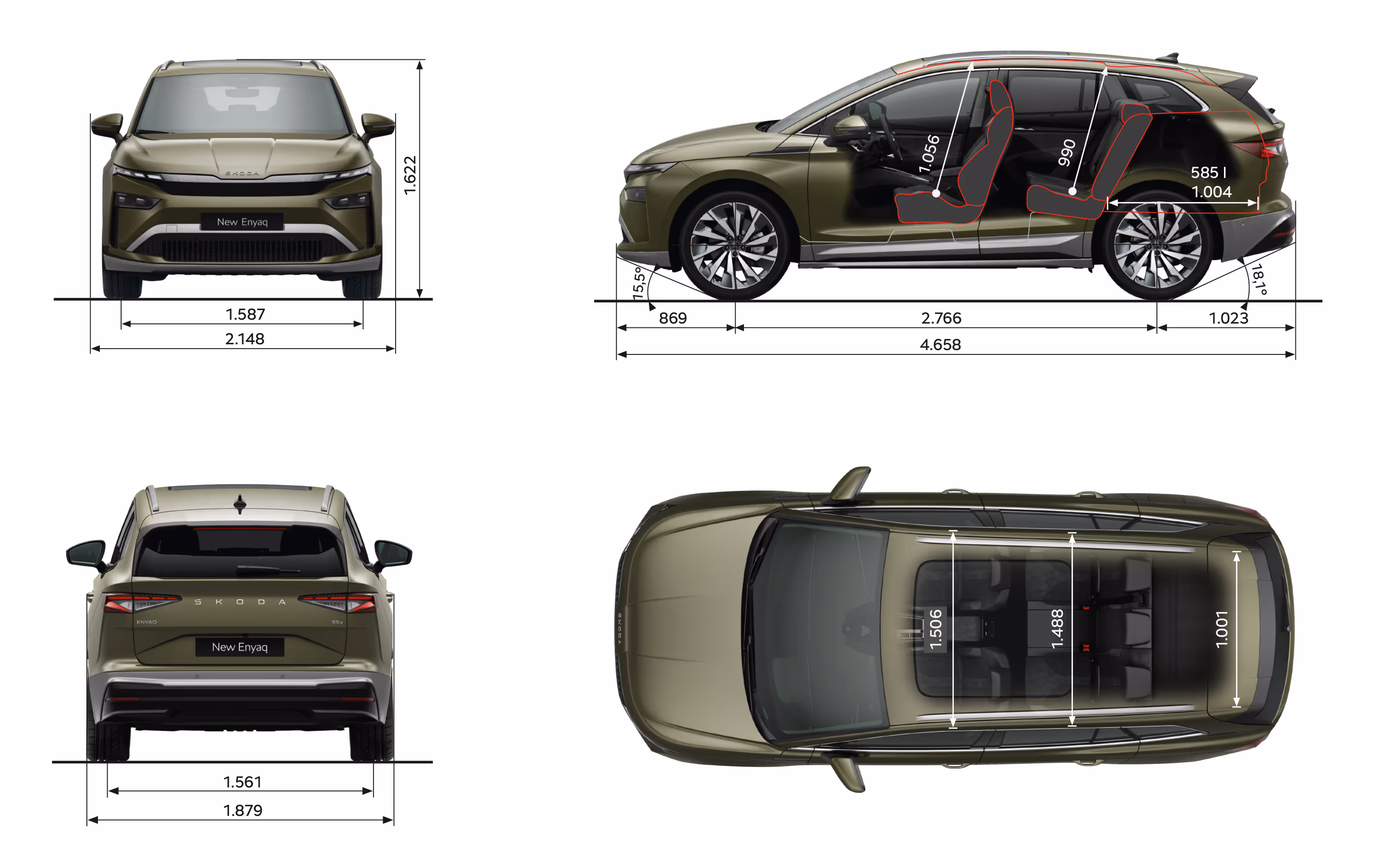 Grafische Darstellung des Škoda Enyaq in der Farbe Olibo-Grün Metallic aus viererlei Perspektiven: Front-, Heck und Seitenansicht sowie Vogelperspektive. Die Abmessungen des Fahrzeugs werden in den verschiedenen Abbildungen dargestellt.