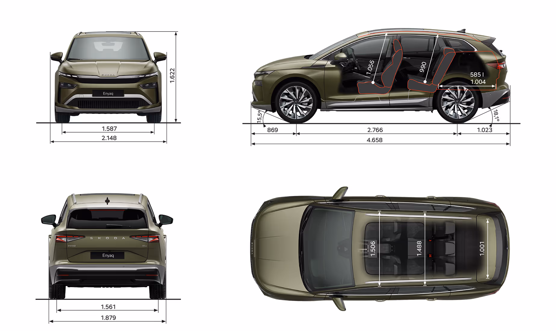 Grafische Darstellung des Škoda Enyaq in der Farbe Olibo-Grün Metallic aus viererlei Perspektiven: Front-, Heck und Seitenansicht sowie Vogelperspektive. Die Abmessungen des Fahrzeugs werden in den verschiedenen Abbildungen dargestellt.