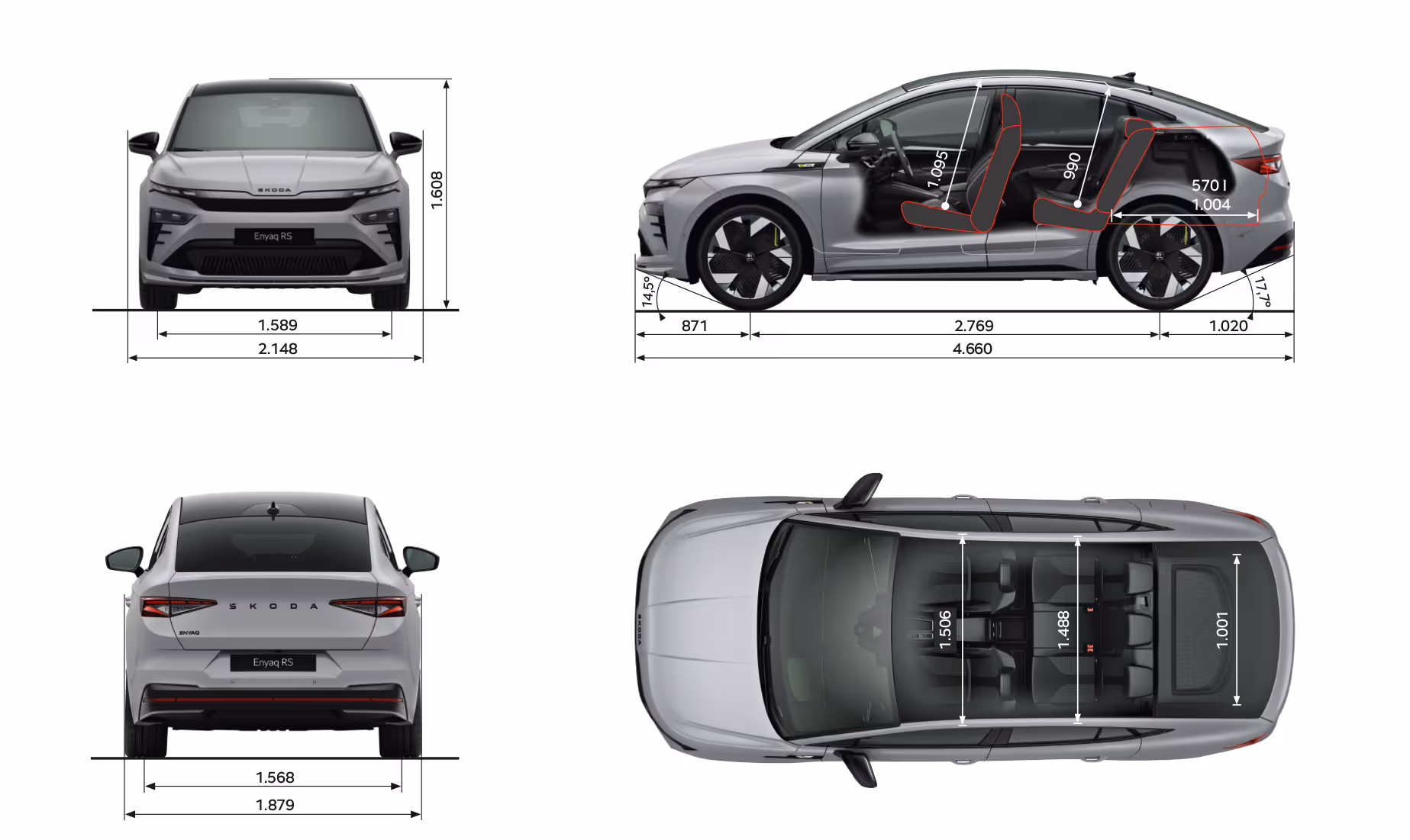 Grafische Darstellung des Škoda Enyaq Coupé RS in der Farbe Stahl-Grau aus viererlei Perspektiven: Front-, Heck und Seitenansicht sowie Vogelperspektive. Die Abmessungen des Fahrzeugs werden in den verschiedenen Abbildungen dargestellt.