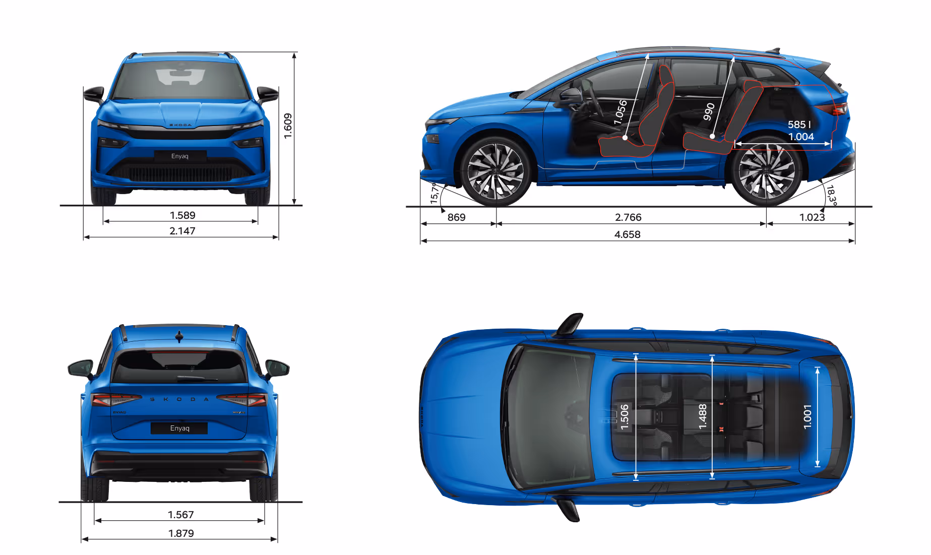 Grafische Darstellung des Škoda Enyaq Sportline in der Farbe Race-Blau Metallic aus viererlei Perspektiven: Front-, Heck und Seitenansicht sowie Vogelperspektive. Die Abmessungen des Fahrzeugs werden in den verschiedenen Abbildungen dargestellt.