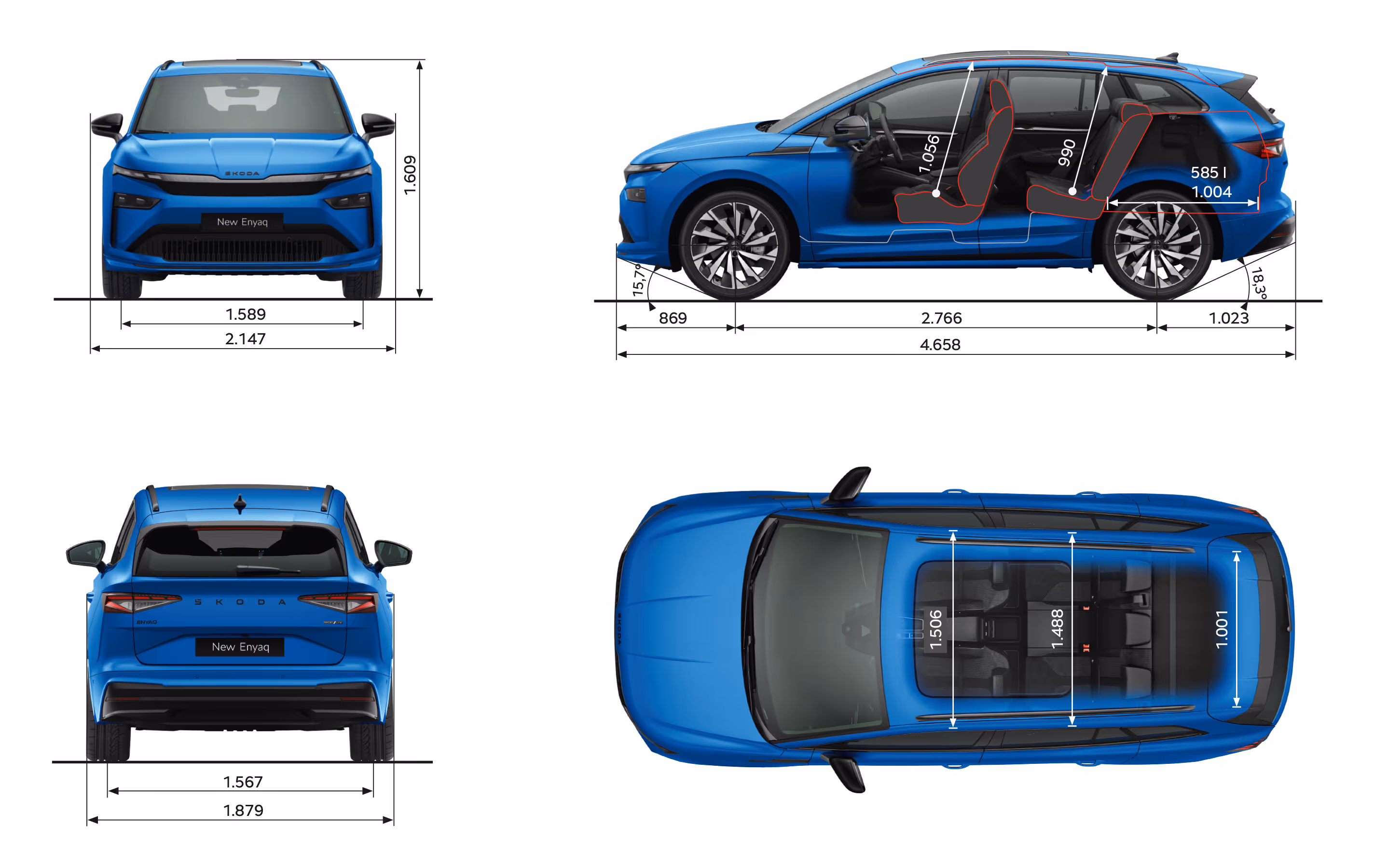 Grafische Darstellung des Škoda Enyaq Sportline in der Farbe Race-Blau Metallic aus viererlei Perspektiven: Front-, Heck und Seitenansicht sowie Vogelperspektive. Die Abmessungen des Fahrzeugs werden in den verschiedenen Abbildungen dargestellt.