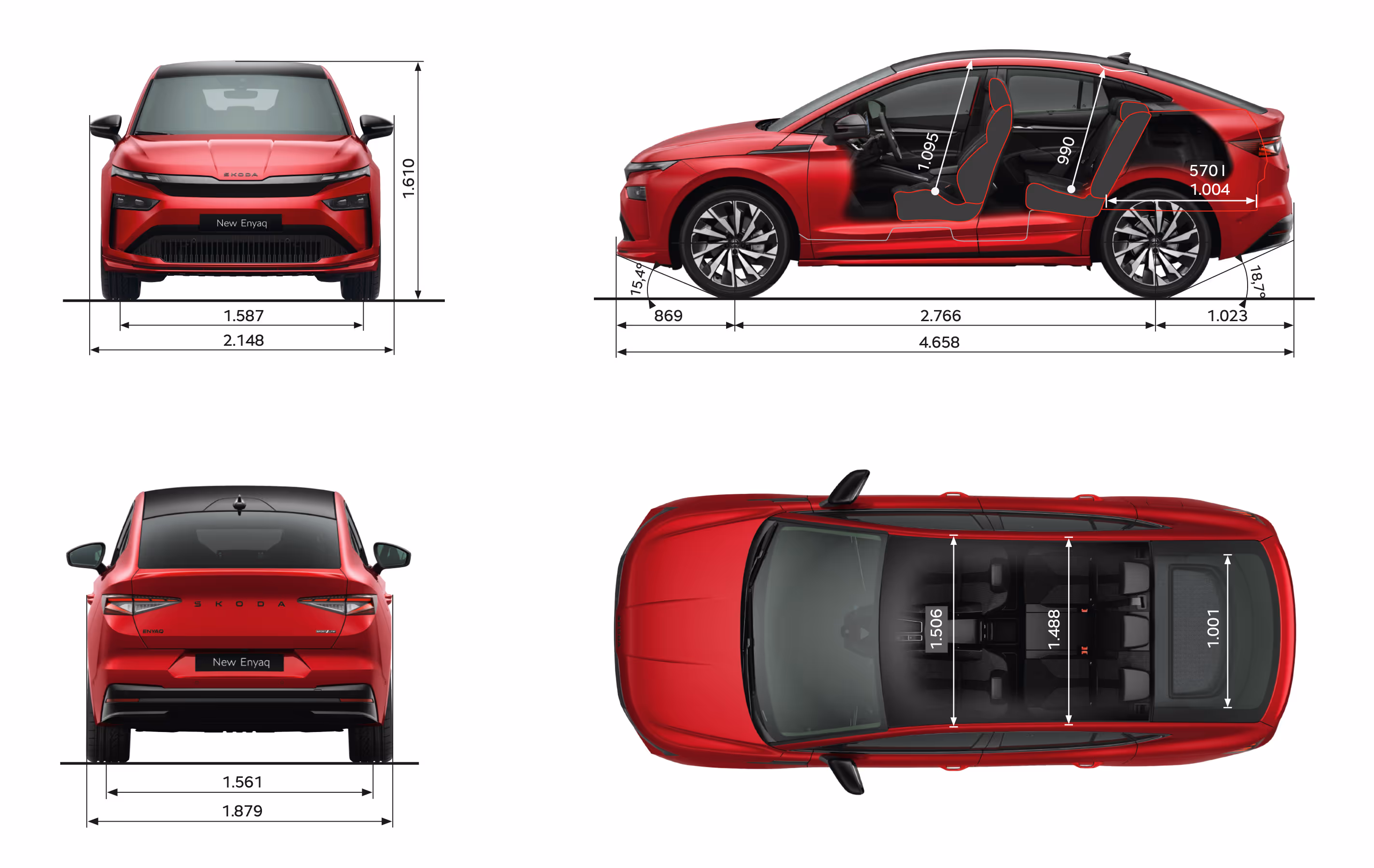 Grafische Darstellung des Škoda Enyaq Coupé Sportline in der Farbe Velvet-Rot Metallic aus viererlei Perspektiven: Front-, Heck und Seitenansicht sowie Vogelperspektive. Die Abmessungen des Fahrzeugs werden in den verschiedenen Abbildungen dargestellt.