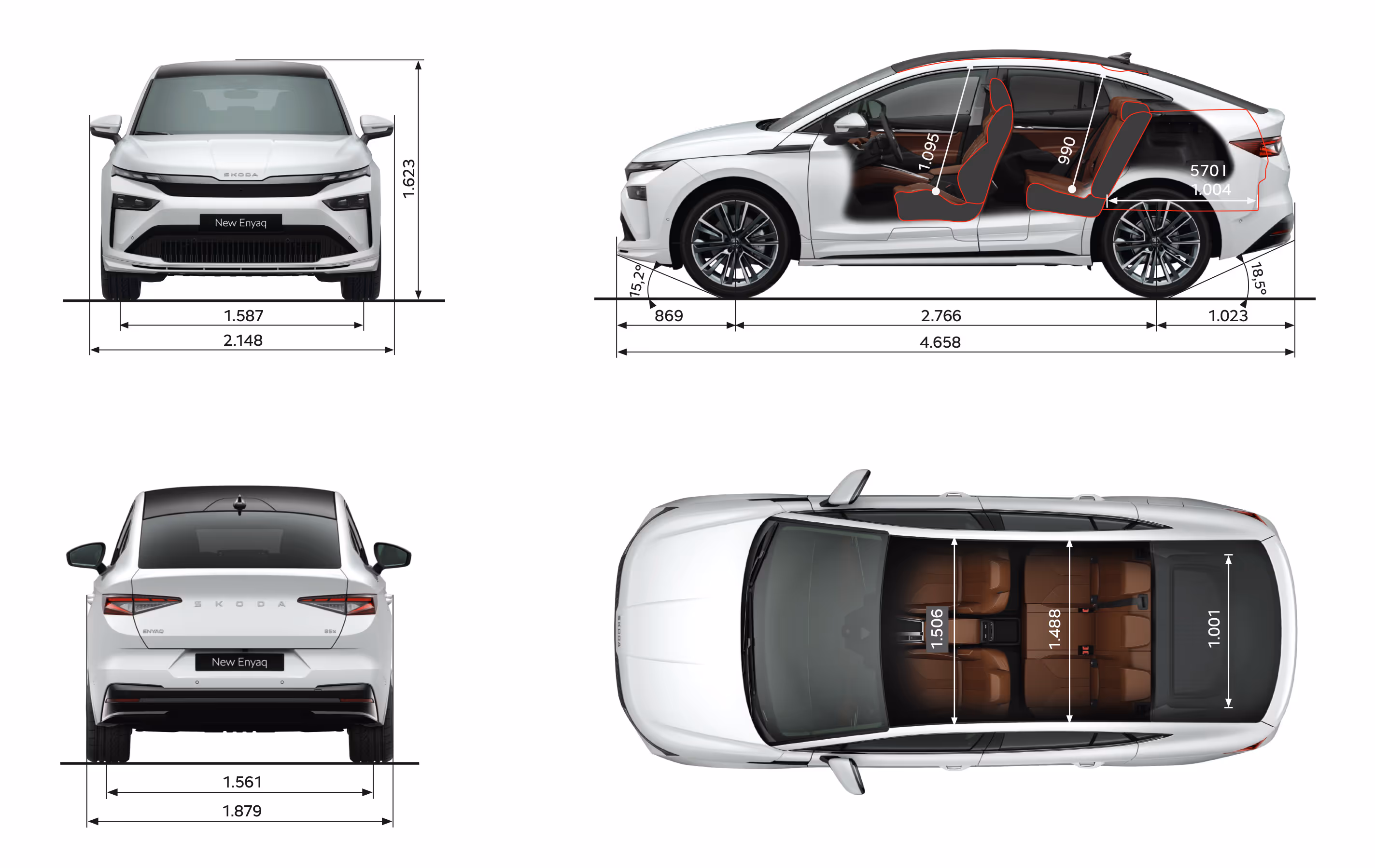 Grafische Darstellung des Škoda Enyaq Coupé in der Farbe Moon-Weiß Perleffekt aus viererlei Perspektiven: Front-, Heck und Seitenansicht sowie Vogelperspektive. Die Abmessungen des Fahrzeugs werden in den verschiedenen Abbildungen dargestellt.