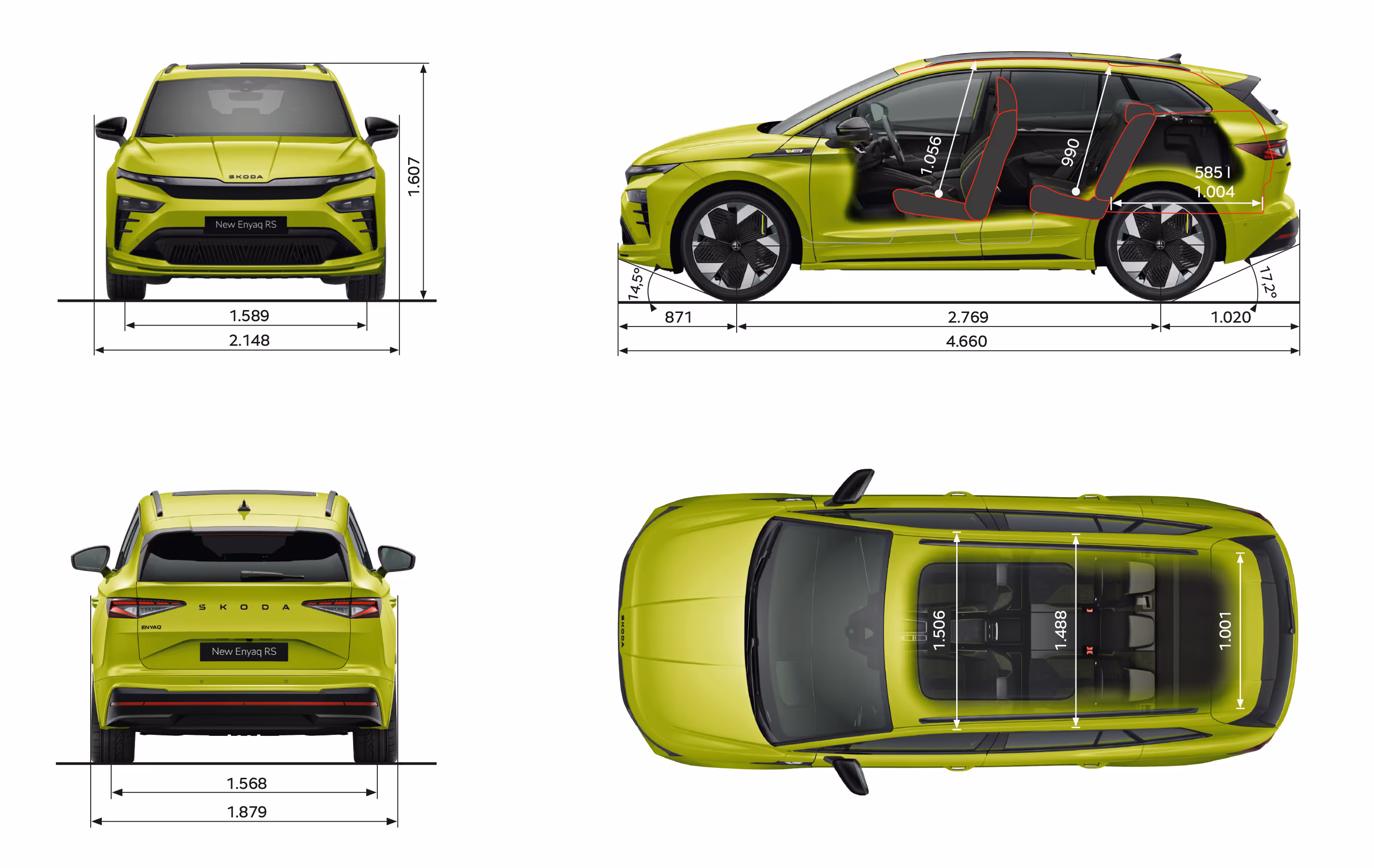 Grafische Darstellung des Škoda Enyaq RS in der Farbe Mamba-Grün aus viererlei Perspektiven: Front-, Heck und Seitenansicht sowie Vogelperspektive. Die Abmessungen des Fahrzeugs werden in den verschiedenen Abbildungen dargestellt.