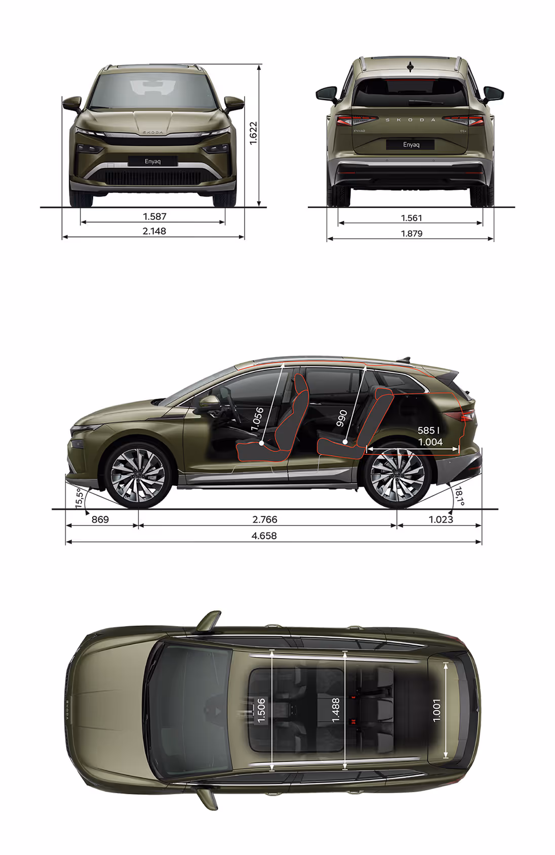 Grafische Darstellung des Škoda Enyaq in der Farbe Olibo-Grün Metallic aus viererlei Perspektiven: Front-, Heck und Seitenansicht sowie Vogelperspektive. Die Abmessungen des Fahrzeugs werden in den verschiedenen Abbildungen dargestellt.