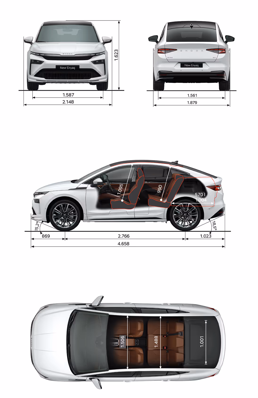 Grafische Darstellung des Škoda Enyaq Coupé in der Farbe Moon-Weiß Perleffekt aus viererlei Perspektiven: Front-, Heck und Seitenansicht sowie Vogelperspektive. Die Abmessungen des Fahrzeugs werden in den verschiedenen Abbildungen dargestellt.