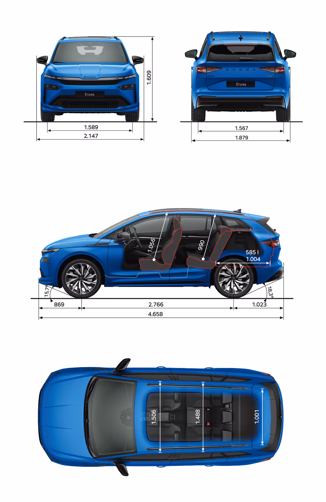Grafische Darstellung des Škoda Enyaq Sportline in der Farbe Race-Blau Metallic aus viererlei Perspektiven: Front-, Heck und Seitenansicht sowie Vogelperspektive. Die Abmessungen des Fahrzeugs werden in den verschiedenen Abbildungen dargestellt.
