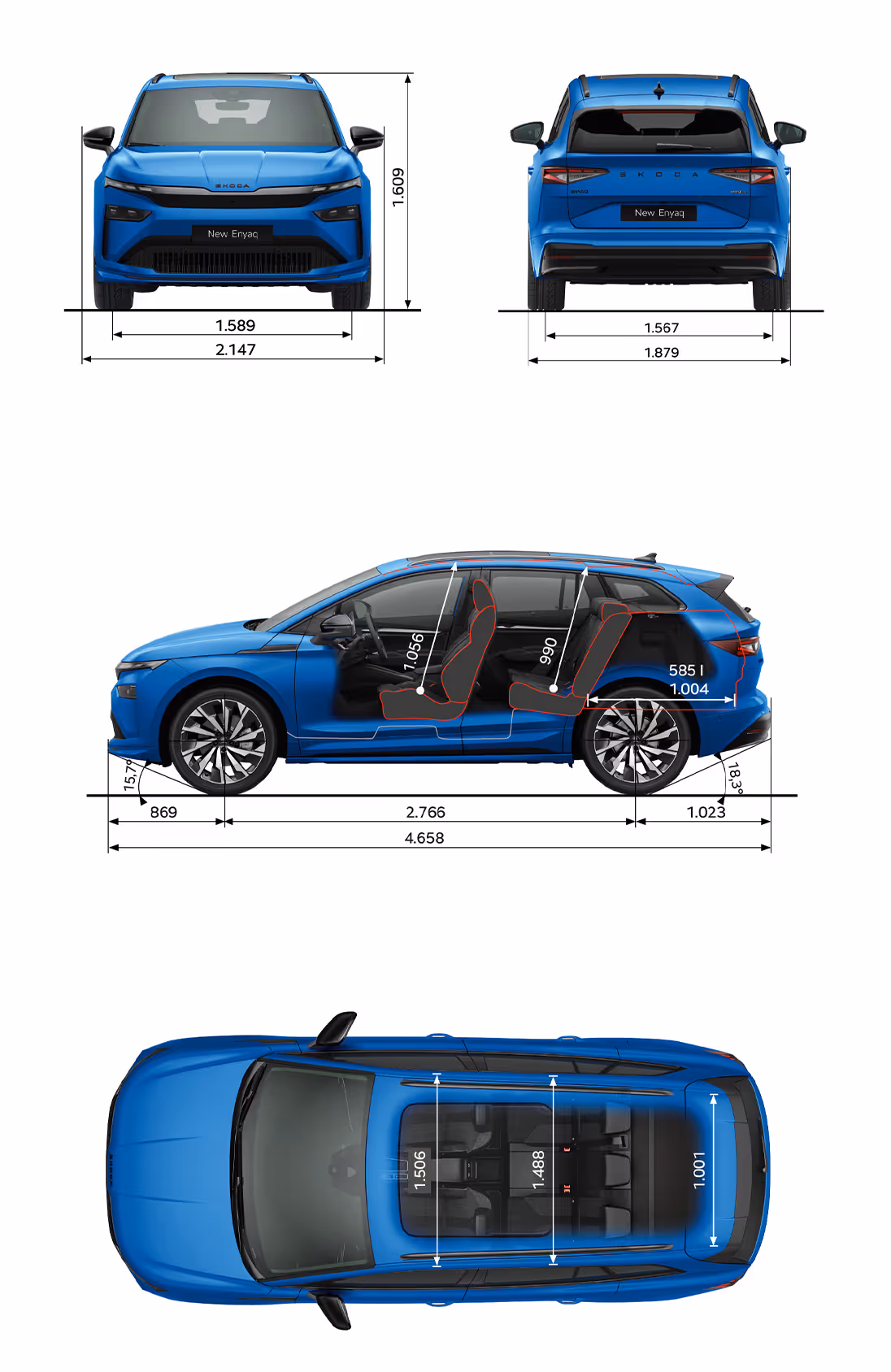Grafische Darstellung des Škoda Enyaq Sportline in der Farbe Race-Blau Metallic aus viererlei Perspektiven: Front-, Heck und Seitenansicht sowie Vogelperspektive. Die Abmessungen des Fahrzeugs werden in den verschiedenen Abbildungen dargestellt.