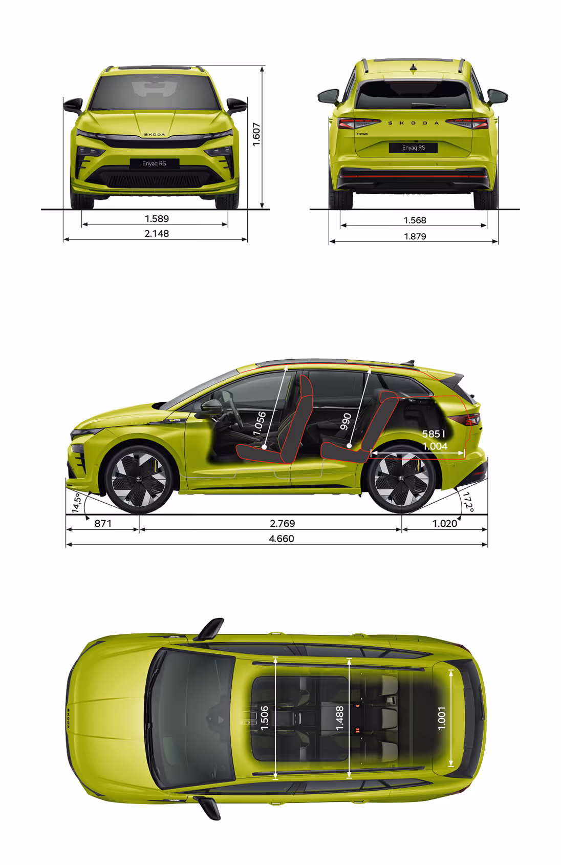 Grafische Darstellung des Škoda Enyaq RS in der Farbe Mamba-Grün aus viererlei Perspektiven: Front-, Heck und Seitenansicht sowie Vogelperspektive. Die Abmessungen des Fahrzeugs werden in den verschiedenen Abbildungen dargestellt.
