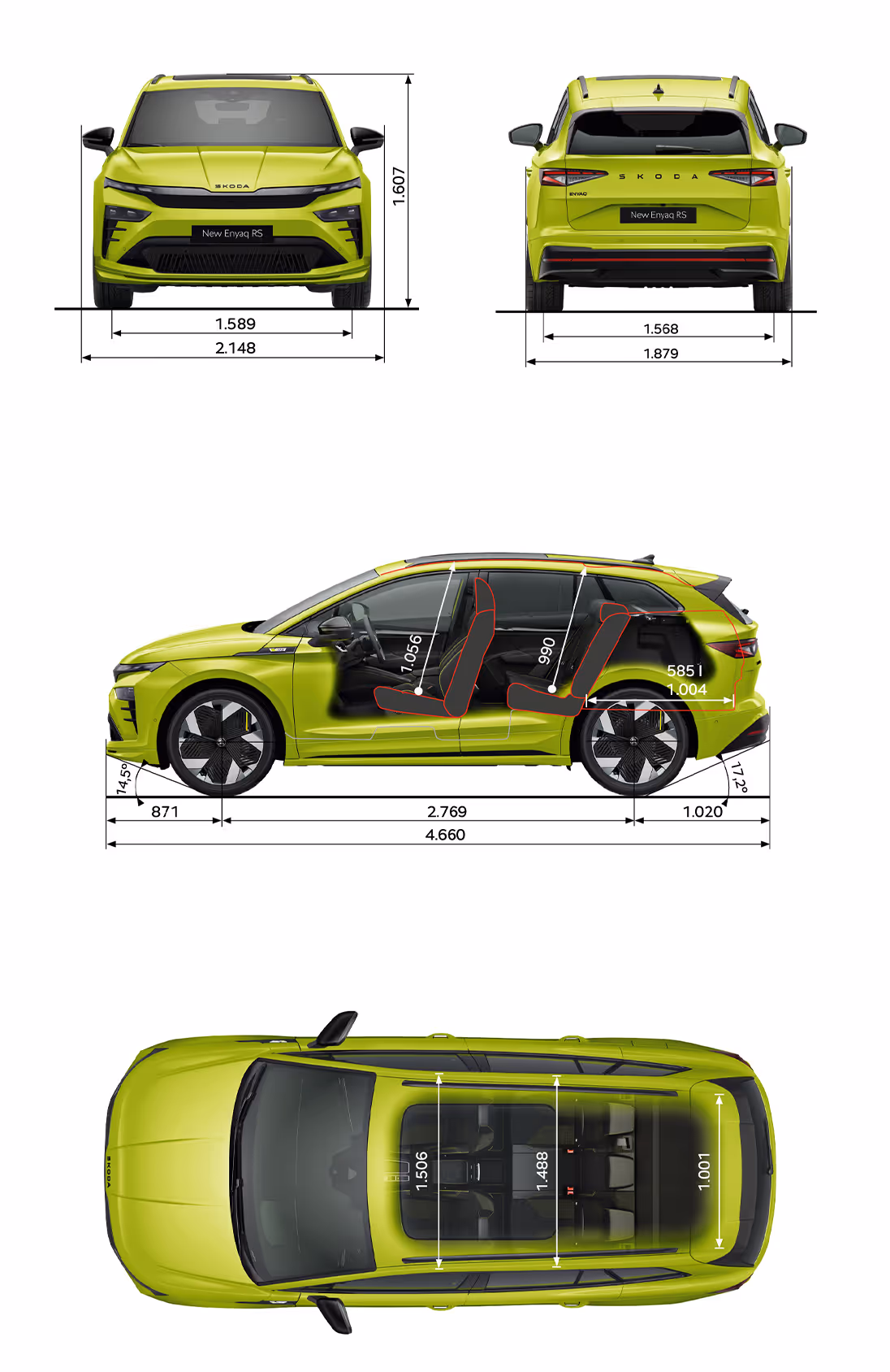 Grafische Darstellung des Škoda Enyaq RS in der Farbe Mamba-Grün aus viererlei Perspektiven: Front-, Heck und Seitenansicht sowie Vogelperspektive. Die Abmessungen des Fahrzeugs werden in den verschiedenen Abbildungen dargestellt.