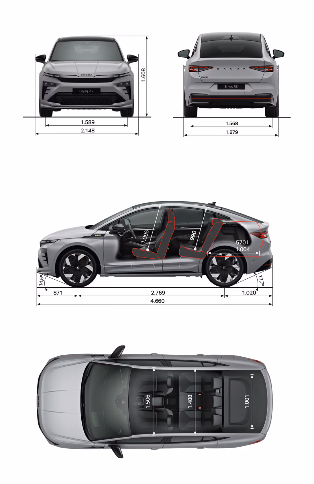 Grafische Darstellung des Škoda Enyaq Coupé RS in der Farbe Stahl-Grau aus viererlei Perspektiven: Front-, Heck und Seitenansicht sowie Vogelperspektive. Die Abmessungen des Fahrzeugs werden in den verschiedenen Abbildungen dargestellt.