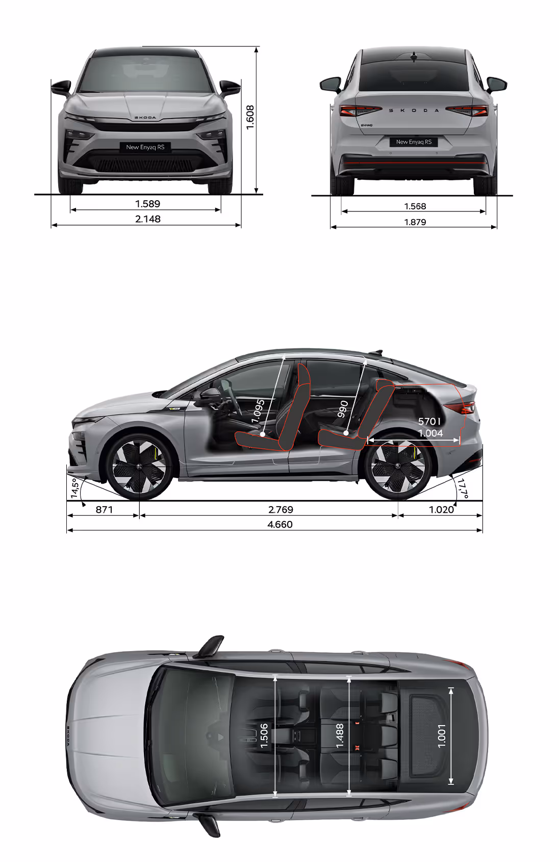 Grafische Darstellung des Škoda Enyaq Coupé RS in der Farbe Stahl-Grau aus viererlei Perspektiven: Front-, Heck und Seitenansicht sowie Vogelperspektive. Die Abmessungen des Fahrzeugs werden in den verschiedenen Abbildungen dargestellt.