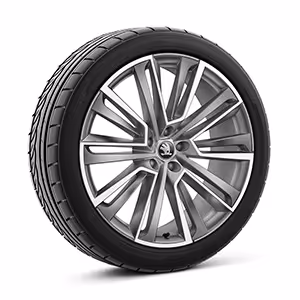 Ein freigestellter Reifen mit 21 Zoll Leichtmetallfelge “Aquarius”.