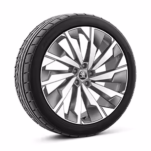 Ein freigestellter Reifen mit 21 Zoll Leichtmetallfelge “Supernova" in der Variante "anthrazit glanzgedreht”.