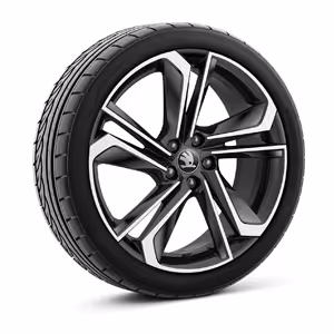 Ein freigestellter Reifen mit 18 Zoll Leichtmetallfelge “Libra schwarz glanzgedreht”.