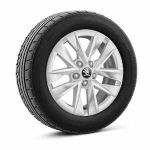 Ein freigestellter Reifen mit 15 Zoll Leichtmetallfelge “Rotare Aero silber”.