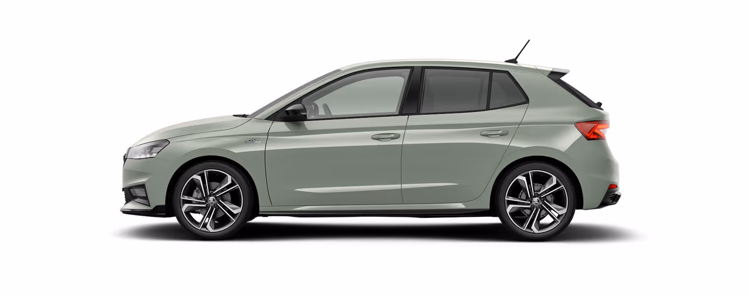 Seitenansicht eines freigestellten Škoda Fabia in der Lackierung Timiano-Grün mit 18 Zoll Leichtmetallfelgen “Libra schwarz glanzgedreht“.