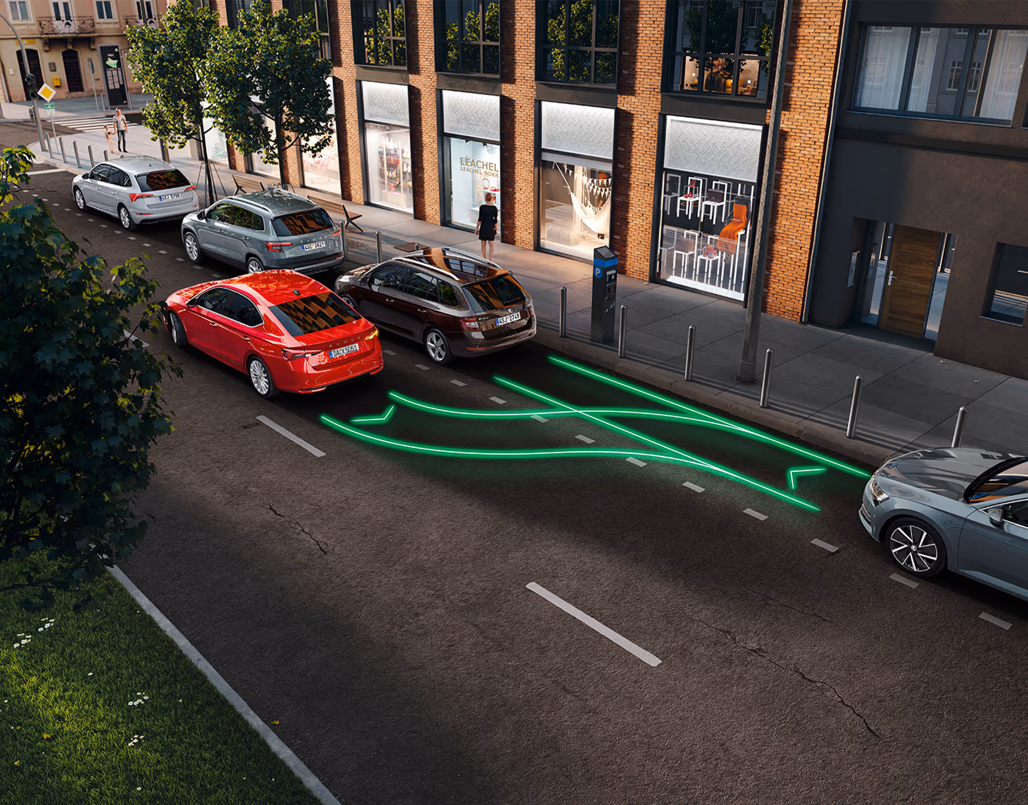 Animation des Intelligenten Parkassistenten: Eine rote Škoda Octavia Limousine manövriert selbstständig rückwärts in eine Parklücke zwischen anderen Fahrzeugen am Straßenrand, wobei leuchtend grüne Linien den berechneten Fahrweg visualisieren.