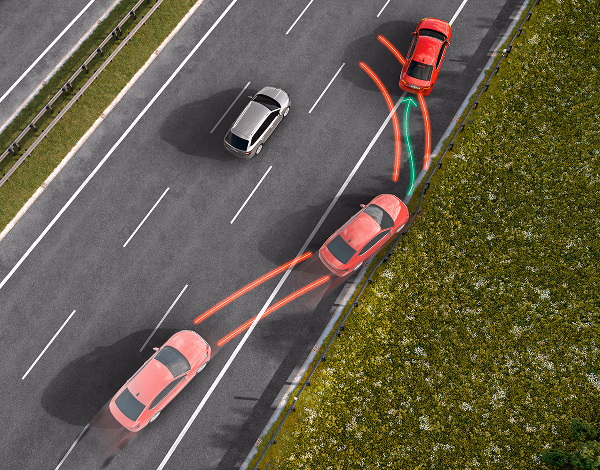 Animation des Stauassistenten: Ein Škoda Elroq im dichten Verkehr auf einer Autobahn. Das Fahrzeug beschleunigt, bremst und lenkt teilautomatisiert und folgt dem Verkehrsfluss.