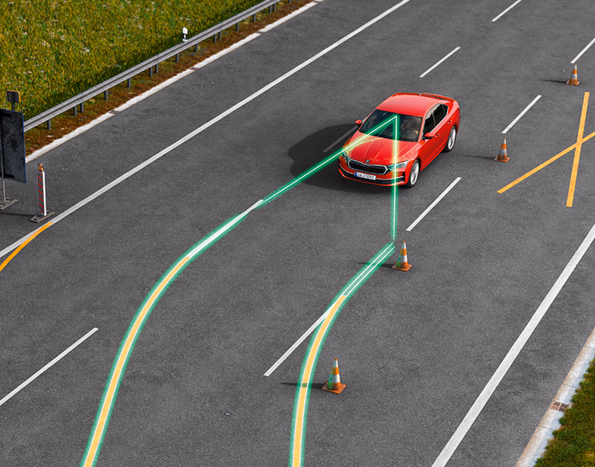 Animation des Notfallassistenten: Kreisförmige grafische Linien gehen auf pulsierend anmutende Art von einem Škoda Elroq aus, der auf der Autobahn fährt.