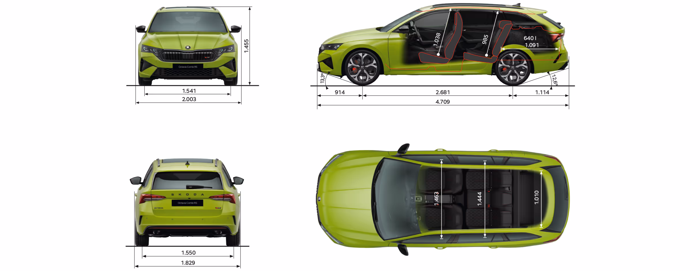 Grafische Darstellung eines Škoda Octavia RS Combi in der Lackierung Mamba-Grün aus viererlei Perspektiven: Front-, Heck und Seitenansicht sowie Vogelperspektive. Die Abmessungen des Fahrzeugs werden in den verschiedenen Abbildungen dargestellt.