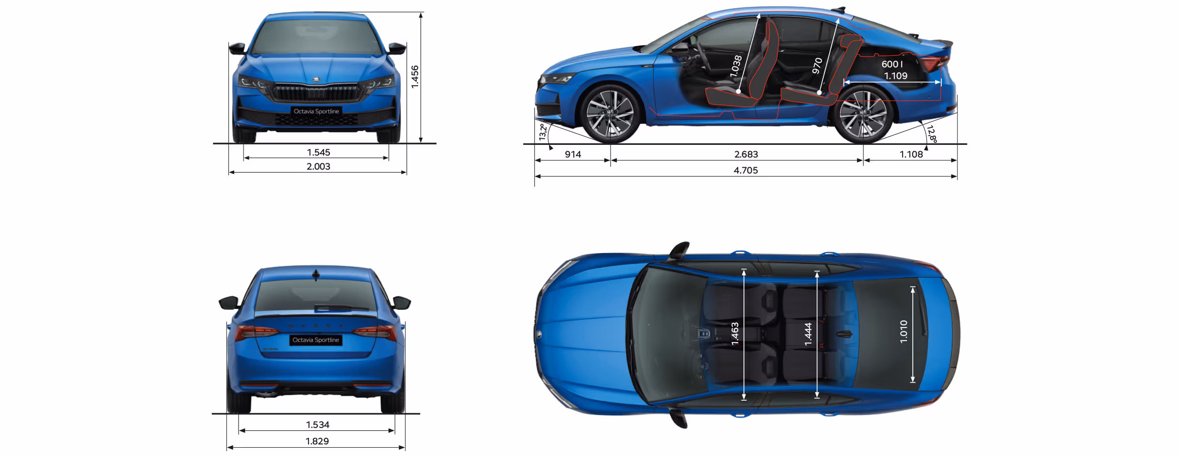 Grafische Darstellung einer Škoda Octavia Sportline Limousine in der Lackierung Race-Blau Metallic aus viererlei Perspektiven: Front-, Heck und Seitenansicht sowie Vogelperspektive. Die Abmessungen des Fahrzeugs werden in den verschiedenen Abbildungen dargestellt.