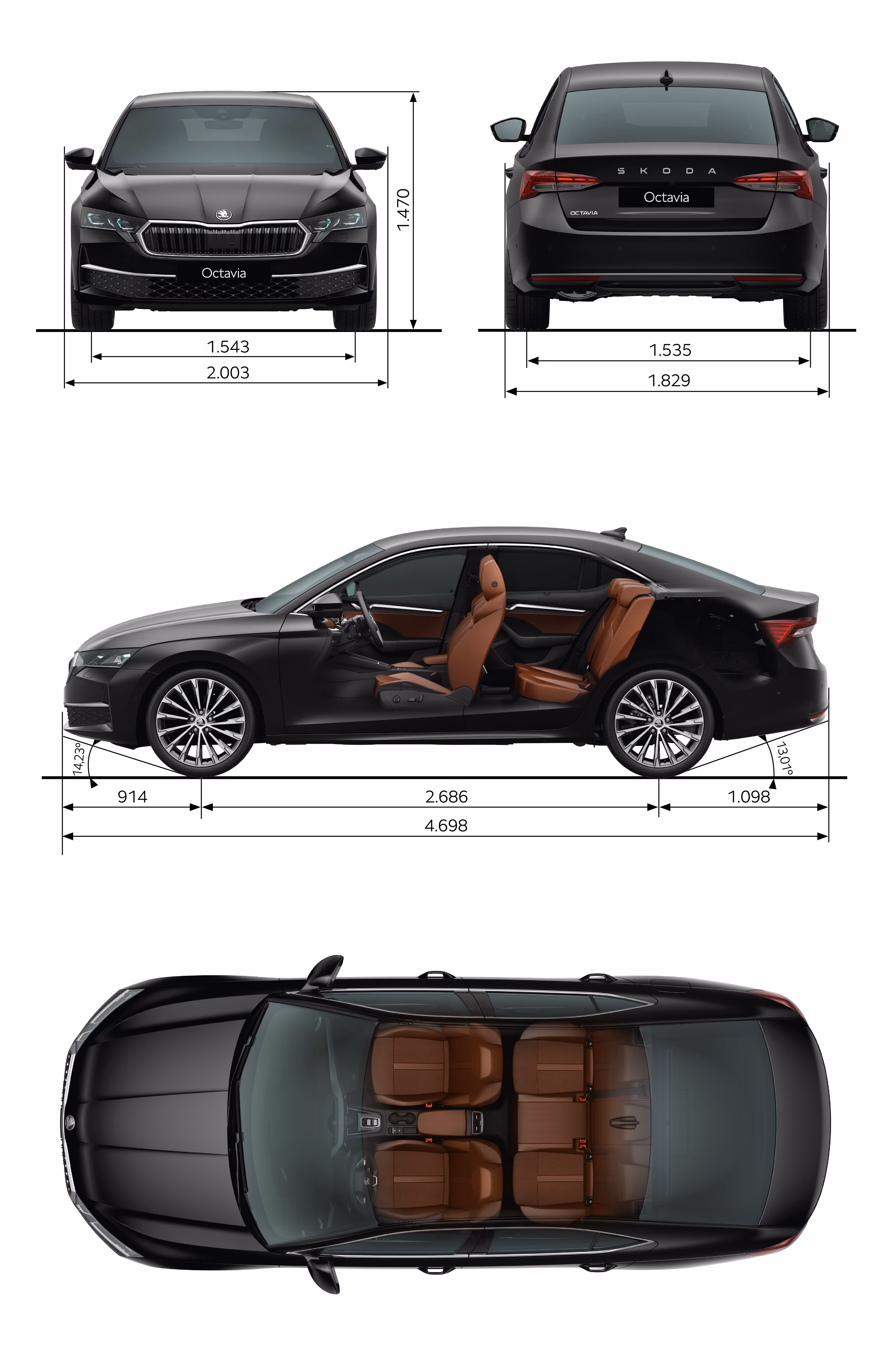 Grafische Darstellung des Škoda Enyaq in der Farbe Olibo-Grün Metallic aus viererlei Perspektiven: Front-, Heck und Seitenansicht sowie Vogelperspektive. Die Abmessungen des Fahrzeugs werden in den verschiedenen Abbildungen dargestellt.