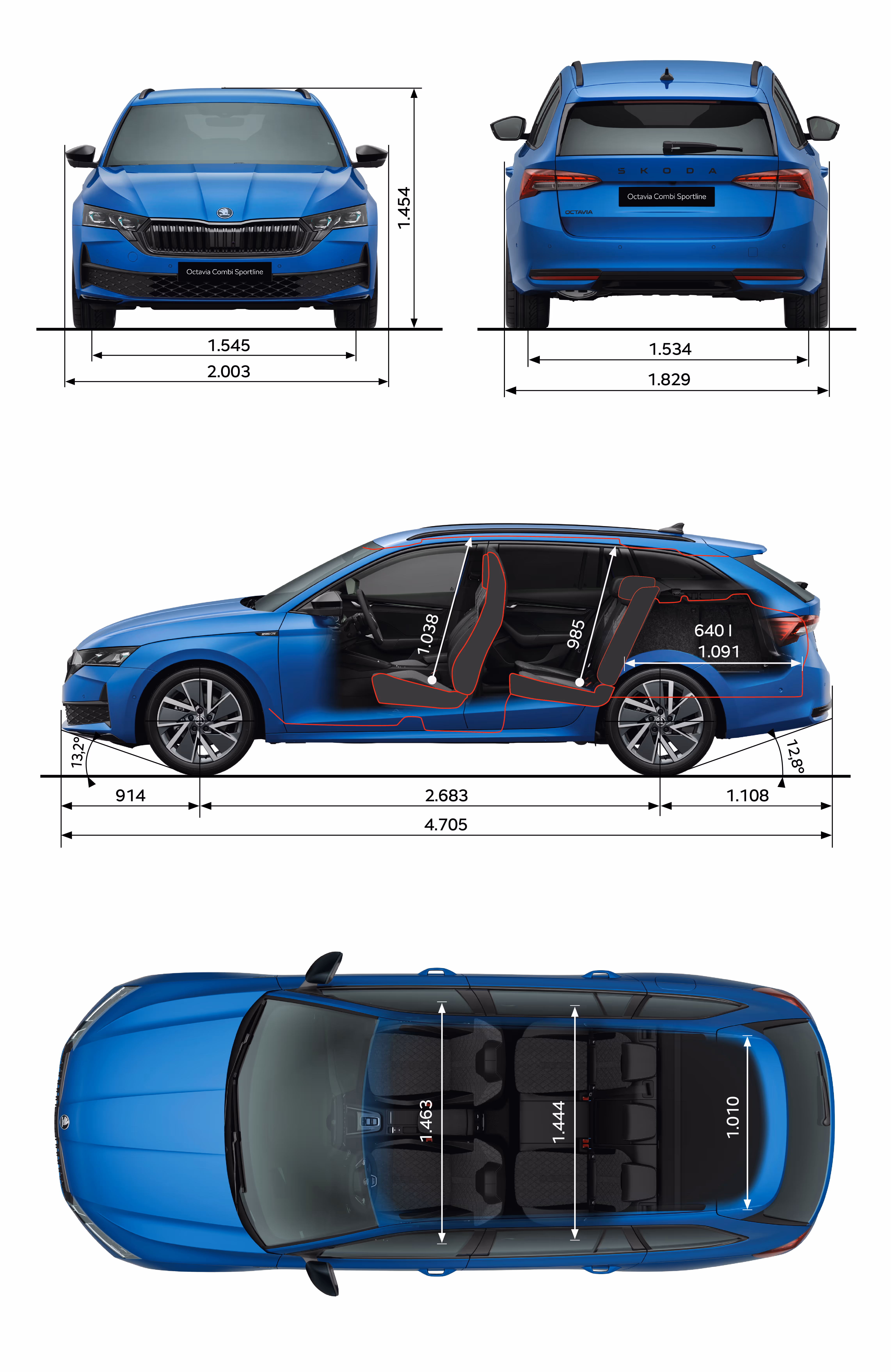 Grafische Darstellung des Škoda Enyaq in der Farbe Olibo-Grün Metallic aus viererlei Perspektiven: Front-, Heck und Seitenansicht sowie Vogelperspektive. Die Abmessungen des Fahrzeugs werden in den verschiedenen Abbildungen dargestellt.