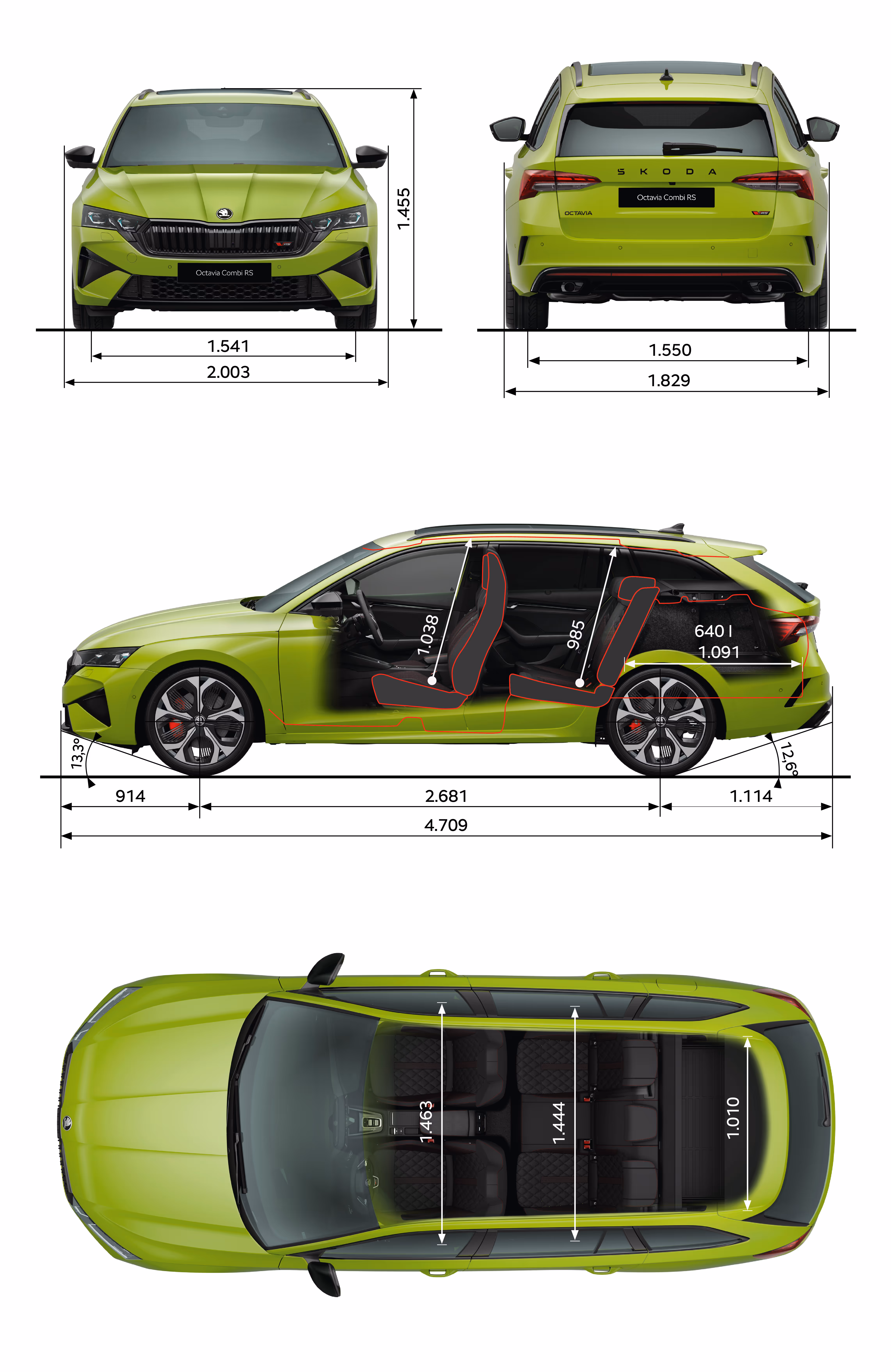 Grafische Darstellung des Škoda Enyaq in der Farbe Olibo-Grün Metallic aus viererlei Perspektiven: Front-, Heck und Seitenansicht sowie Vogelperspektive. Die Abmessungen des Fahrzeugs werden in den verschiedenen Abbildungen dargestellt.