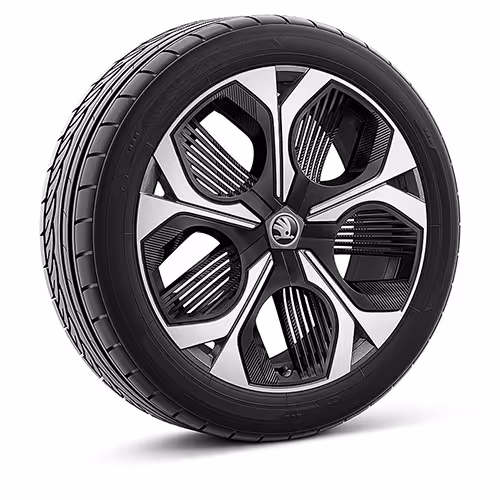 Ein freigestellter Reifen mit 19 Zoll Leichtmetallfelge “Elias glanzgedreht anthrazit”.
