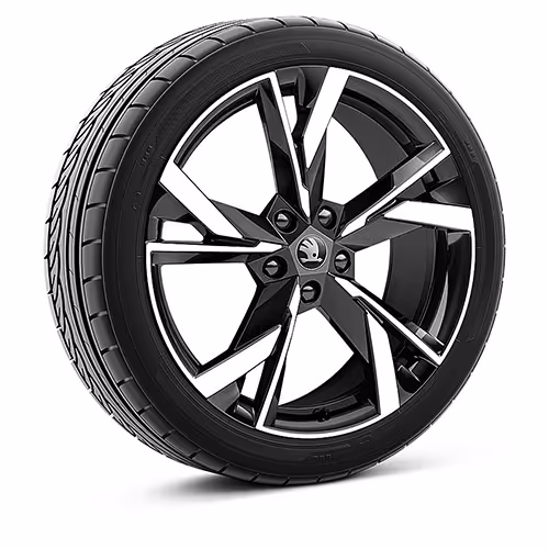 Ein freigestellter Reifen mit 19 Zoll Leichtmetallfelge “Draconis glanzgedreht schwarz”.
