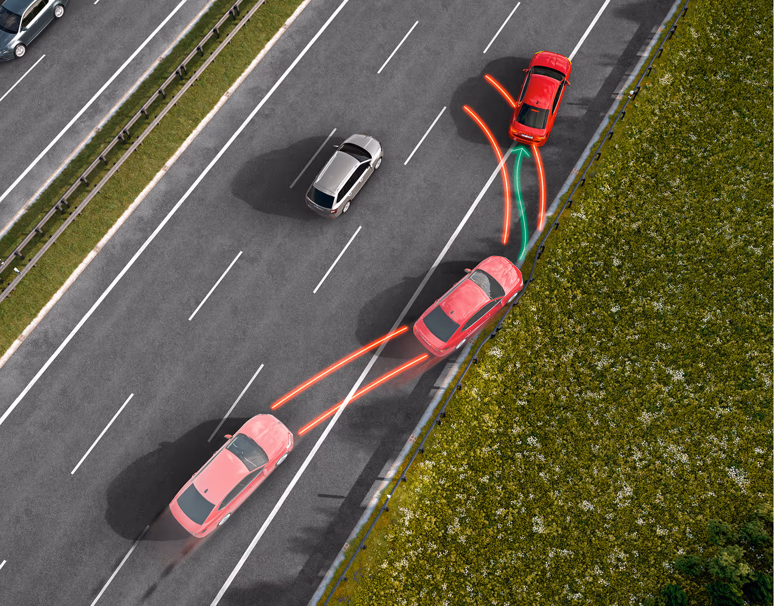 Animation der Multikollisionsbremse: Eine rote Škoda Superb Limousine droht nach einer Kollision unkontrolliert auf eine andere Fahrspur zu geraten. Leuchtende rote Linien visualisieren die gefährliche Bahn, während eine grüne Linie den Eingriff der Multikollisionsbremse darstellt. Das System bremst das Fahrzeug automatisch ab und bringt es sicher zum Stehen, um eine Folgekollision zu verhindern.