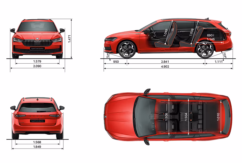 Grafische Darstellung des Škoda Enyaq Coupé Sportline in der Farbe Velvet-Rot Metallic aus viererlei Perspektiven: Front-, Heck und Seitenansicht sowie Vogelperspektive. Die Abmessungen des Fahrzeugs werden in den verschiedenen Abbildungen dargestellt.
