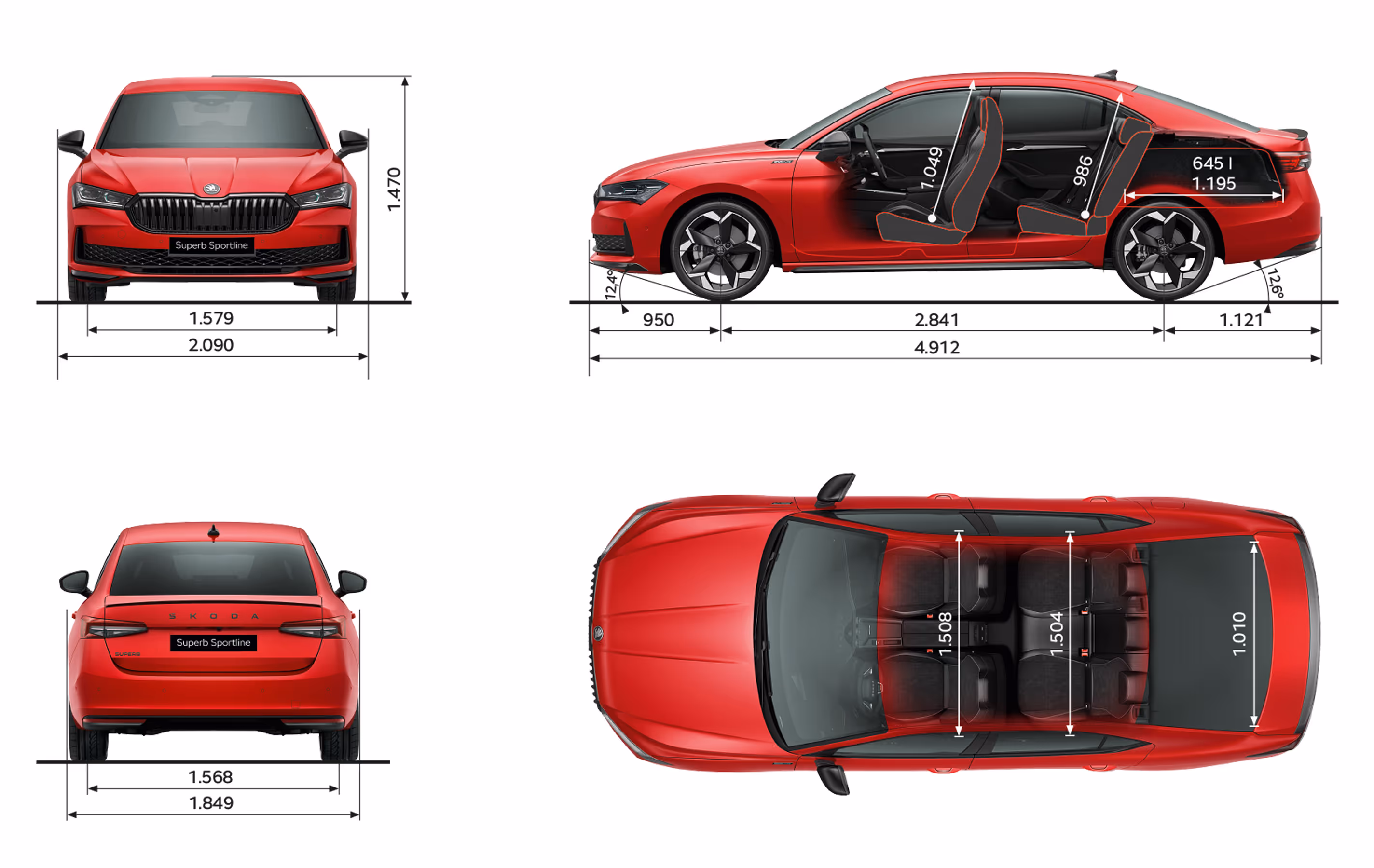 Grafische Darstellung der Škoda Superb Sportline Limousine in der Lackierung Karmin-Rot Metallic aus viererlei Perspektiven: Front-, Heck und Seitenansicht sowie Vogelperspektive. Die Abmessungen des Fahrzeugs werden in den verschiedenen Abbildungen dargestellt.