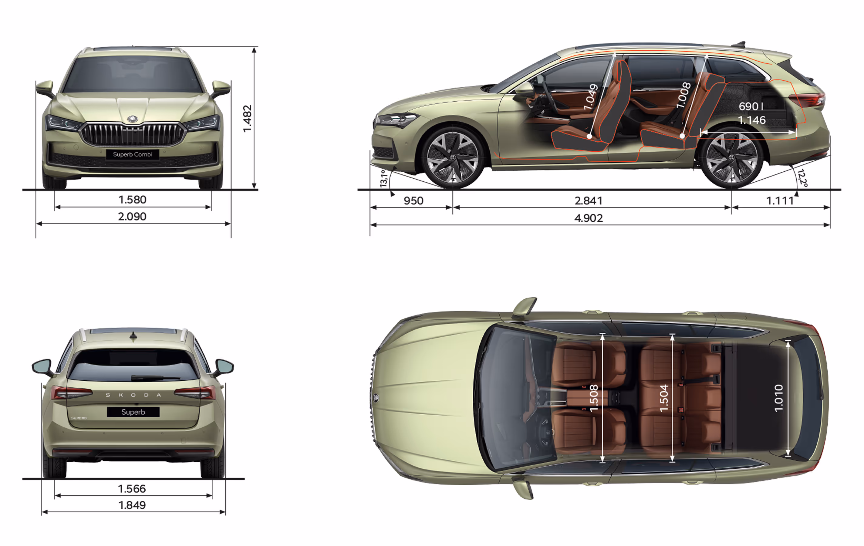 Grafische Darstellung des Škoda Superb Combi in der Lackierung Ice Tea-Beige Metallic aus viererlei Perspektiven: Front-, Heck und Seitenansicht sowie Vogelperspektive. Die Abmessungen des Fahrzeugs werden in den verschiedenen Abbildungen dargestellt.