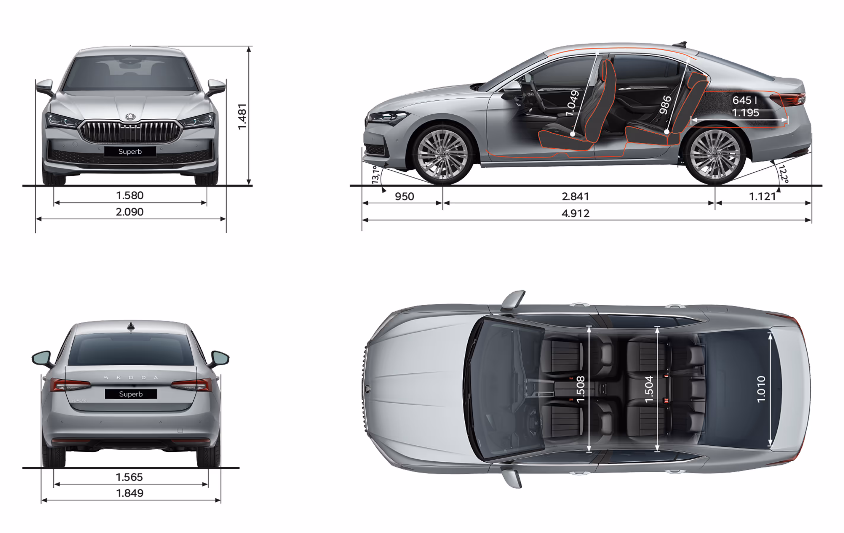 Grafische Darstellung der Škoda Superb Limousine in der Lackierung Aluminium-Silber Metallic aus viererlei Perspektiven: Front-, Heck und Seitenansicht sowie Vogelperspektive. Die Abmessungen des Fahrzeugs werden in den verschiedenen Abbildungen dargestellt.