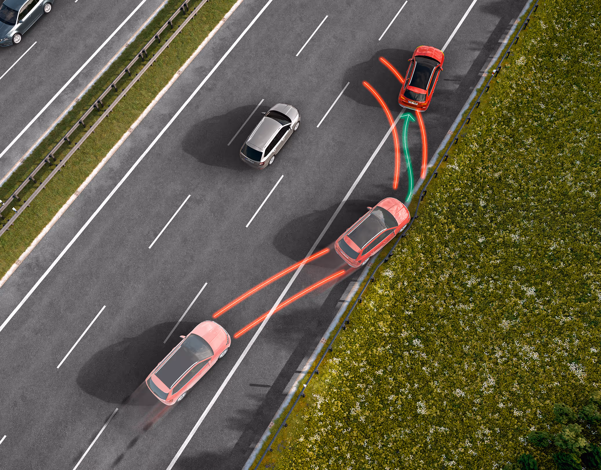 Animation der Multikollisionsbremse: Ein roter Škoda Kamiq droht nach einer Kollision unkontrolliert auf eine andere Fahrspur zu geraten. Leuchtende rote Linien visualisieren die gefährliche Bahn, während eine grüne Linie den Eingriff der Multikollisionsbremse darstellt. Das System bremst das Fahrzeug automatisch ab und bringt es sicher zum Stehen, um eine Folgekollision zu verhindern.