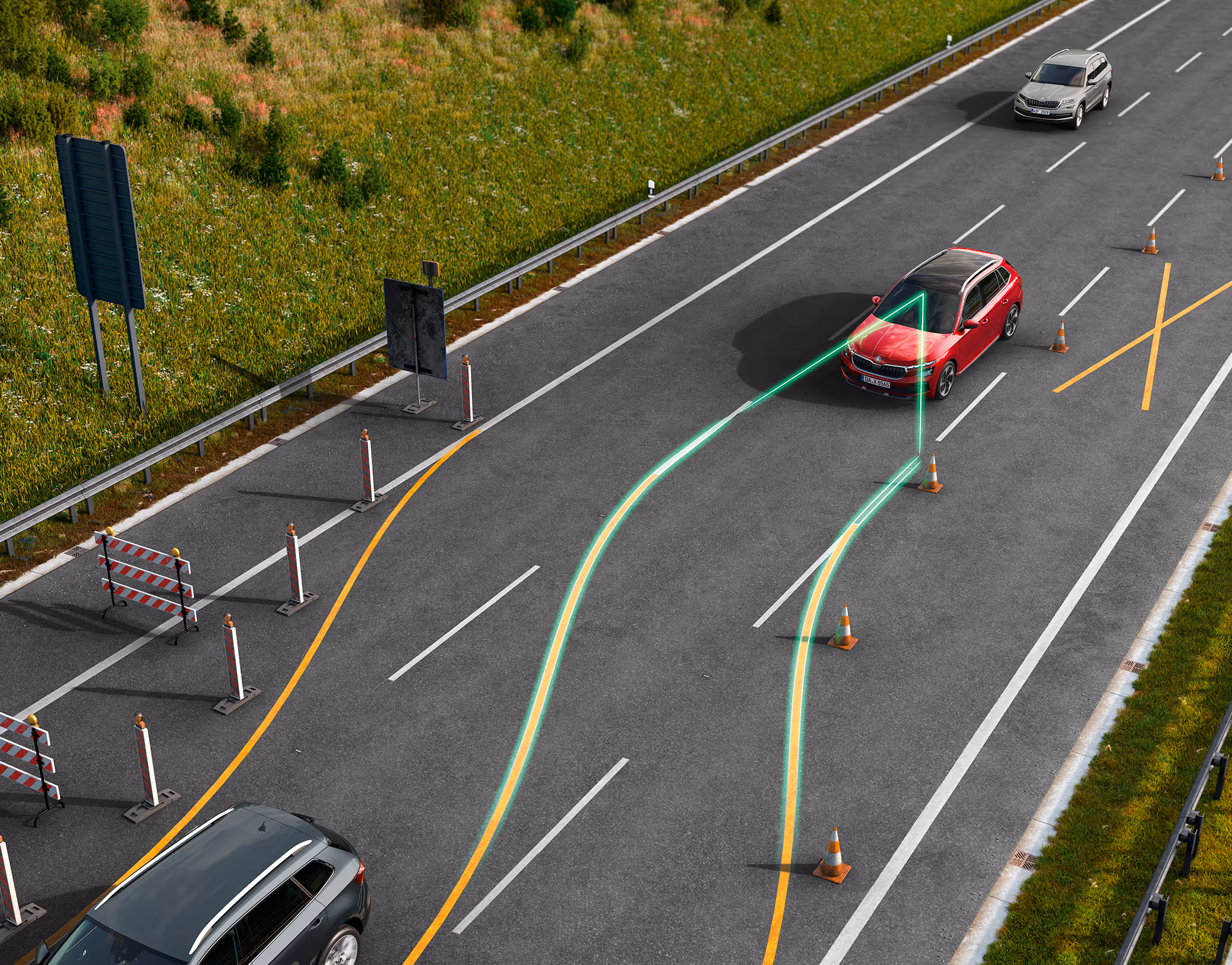 Animation des Adaptiven Spurhalteassistenten: Ein roter Škoda Kamiq fährt auf einer Autobahn. Leuchtende grüne Linien visualisieren, wie das System die Fahrspurmarkierungen erkennt und das Fahrzeug aktiv in der Mitte der Spur hält, während es an einem LKW und anderen Autos vorbeifährt.