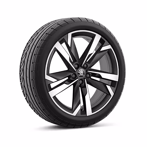 Ein freigestellter Reifen mit 18 Zoll Leichtmetallfelge “Ursa schwarz glanzgedreht”.