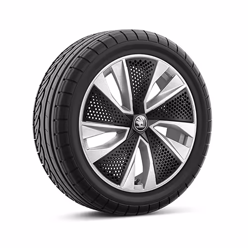 Ein freigestellter Reifen mit 17 Zoll Leichtmetallfelge “Kajam silber mit schwarzen Aeroblenden”.