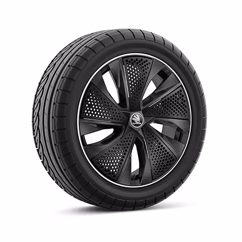 Ein freigestellter Reifen mit 17 Zoll Leichtmetallfelge “Kajam schwarz glanzgedreht”.